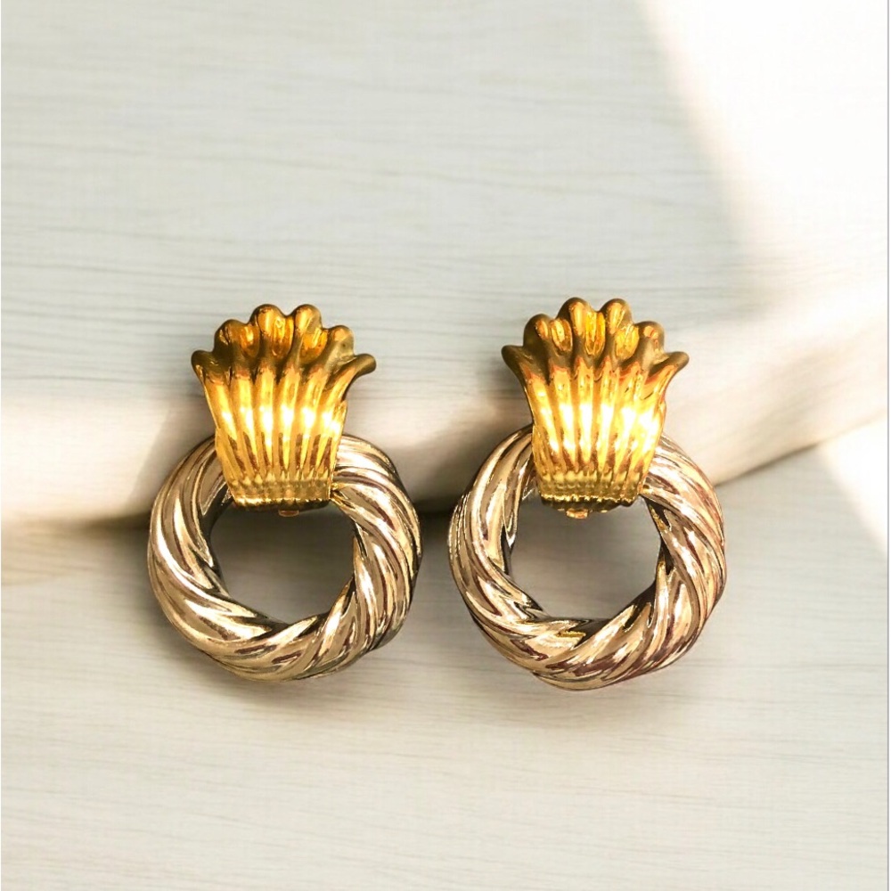 Vintage 1990s Large Shiny Gold & Silver Toned Door-Knocker Clip On Earrings